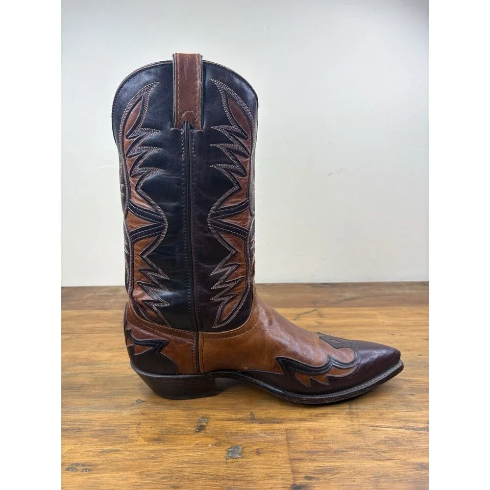 Vtg. Code West Two Tone Leather Flame Inlay Cowboy Boots Mens 10 M USA Western